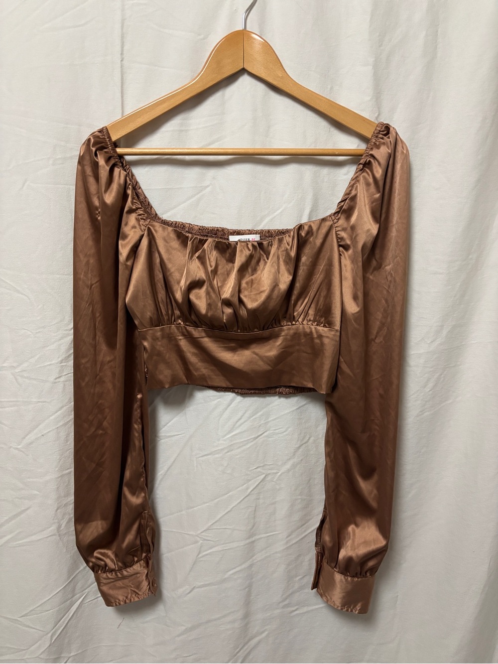 Better Me champagne satin cropped long sleeve shirt
